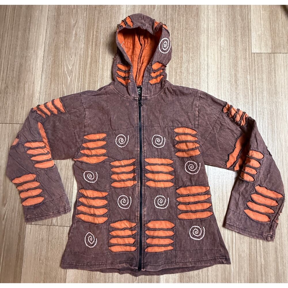 Vintage Shop Therapy Nepal Zip Hoodie Relaxed Razor Cut Patchwork 100 Cotton